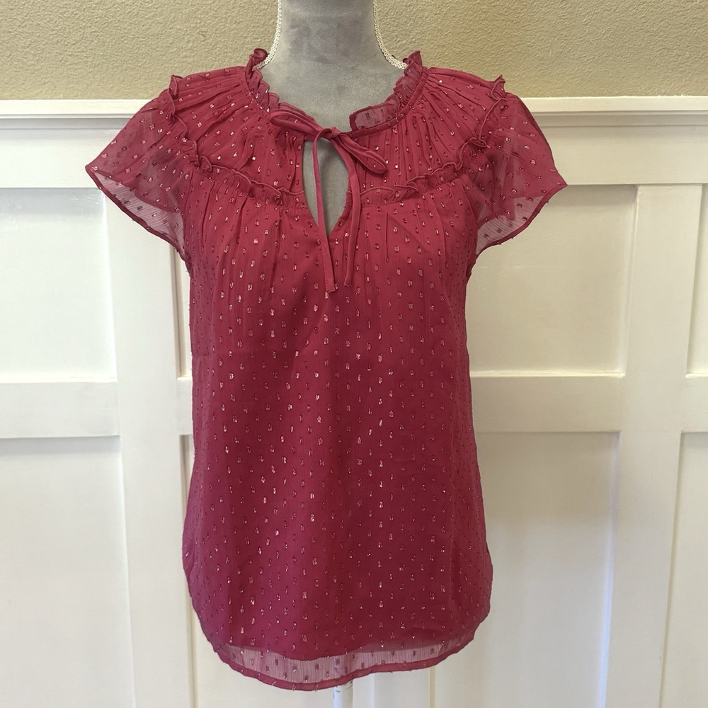NWT Loft Pink Sequin Blouse Top Size:M Gold Metallic Lined Short Sleeves